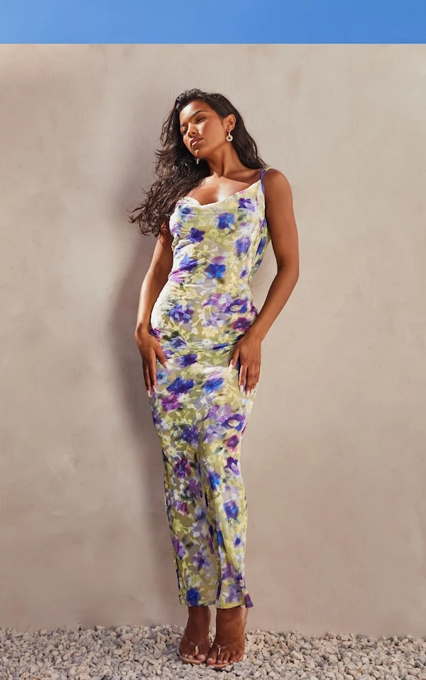 Robe Longue En Mesh Floqué Violet Imprimé Fleuri à Col Bénitier 2 Robe Longue En Mesh Floqué Violet Imprimé Fleuri à Col Bénitier