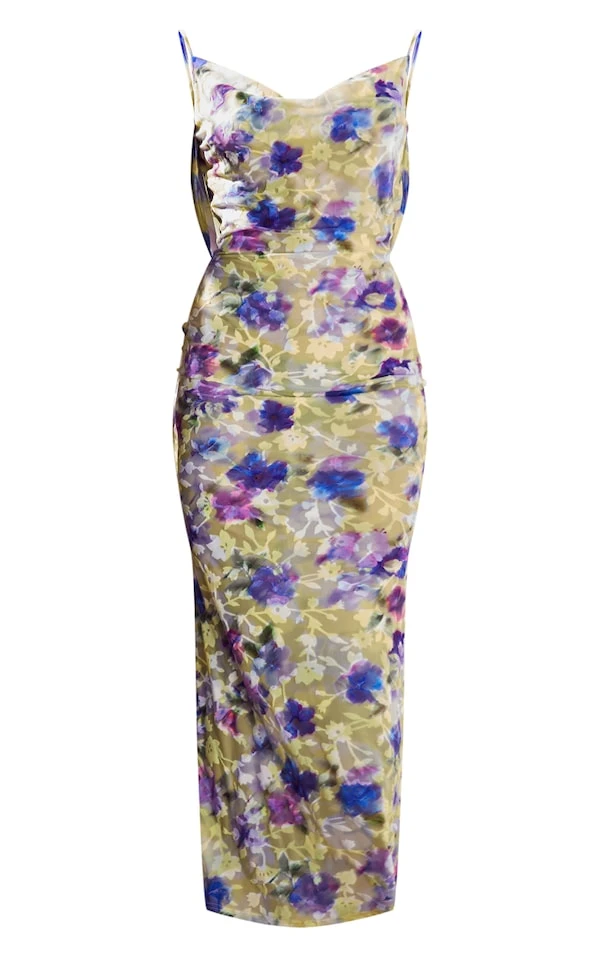 Robe Longue En Mesh Floqué Violet Imprimé Fleuri à Col Bénitier 6 Robe Longue En Mesh Floqué Violet Imprimé Fleuri à Col Bénitier – Image 5